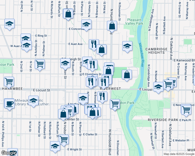 map of restaurants, bars, coffee shops, grocery stores, and more near 2962 North Bremen Street in Milwaukee