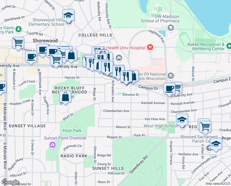map of restaurants, bars, coffee shops, grocery stores, and more near 501 North Franklin Avenue in Madison
