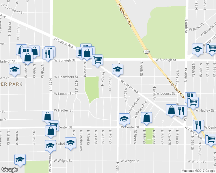 map of restaurants, bars, coffee shops, grocery stores, and more near 2953 North 69th Street in Milwaukee