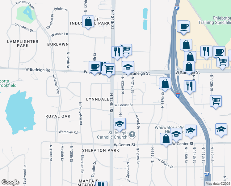 map of restaurants, bars, coffee shops, grocery stores, and more near 2958 North 124th Street in Wauwatosa