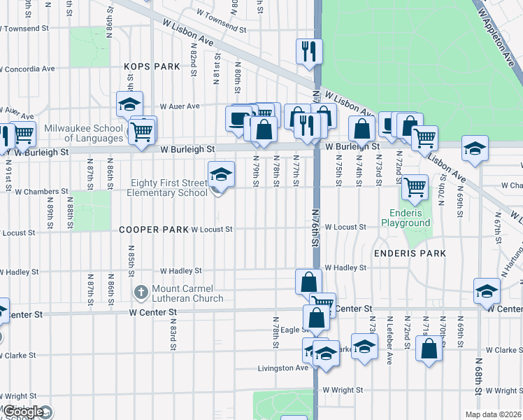 map of restaurants, bars, coffee shops, grocery stores, and more near 2936 North 79th Street in Milwaukee