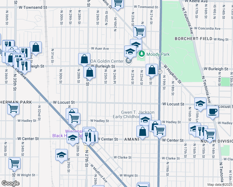 map of restaurants, bars, coffee shops, grocery stores, and more near 2942 North 24th Place in Milwaukee