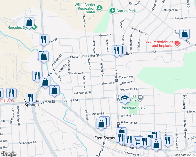 map of restaurants, bars, coffee shops, grocery stores, and more near 201 Avon St in East Syracuse