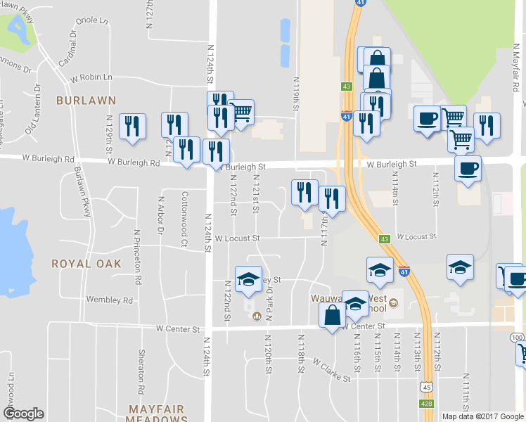 map of restaurants, bars, coffee shops, grocery stores, and more near 2956 North 121st Street in Wauwatosa