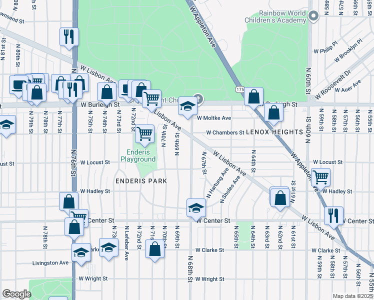 map of restaurants, bars, coffee shops, grocery stores, and more near 2953 North 68th Street in Milwaukee