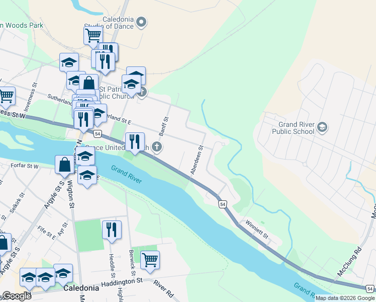 map of restaurants, bars, coffee shops, grocery stores, and more near 52 Grand Avenue in Caledonia
