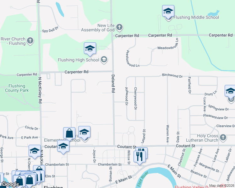 map of restaurants, bars, coffee shops, grocery stores, and more near 544 Deland Road in Flushing