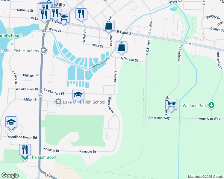 map of restaurants, bars, coffee shops, grocery stores, and more near 411 Grove St in Lake Mills