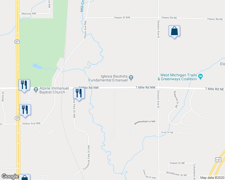 map of restaurants, bars, coffee shops, grocery stores, and more near 266 7 Mile Road Northwest in Comstock Park