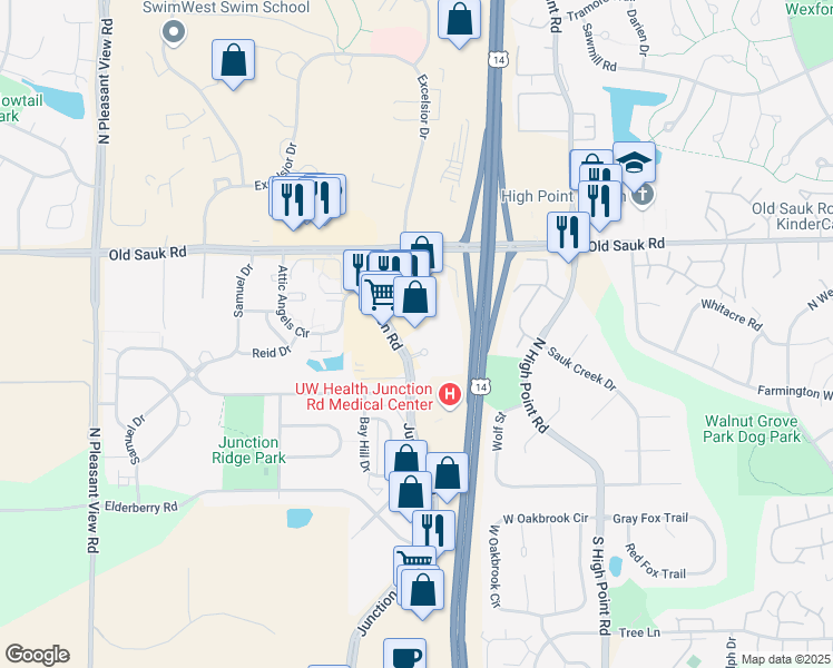 map of restaurants, bars, coffee shops, grocery stores, and more near 525 Junction Road in Madison