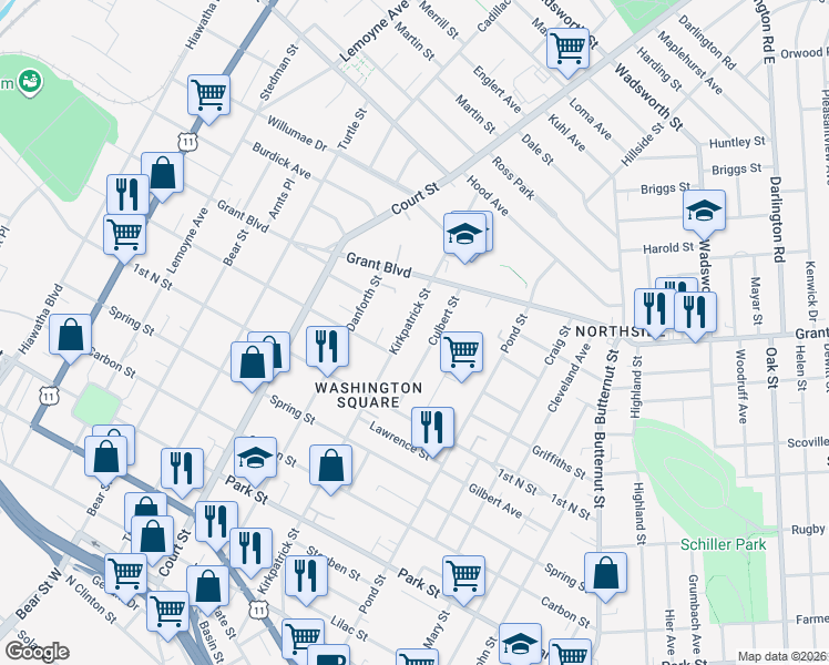 map of restaurants, bars, coffee shops, grocery stores, and more near 914 Kirkpatrick Street in Syracuse