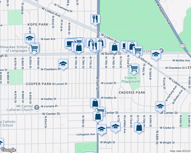 map of restaurants, bars, coffee shops, grocery stores, and more near 2937 North 76th Street in Milwaukee