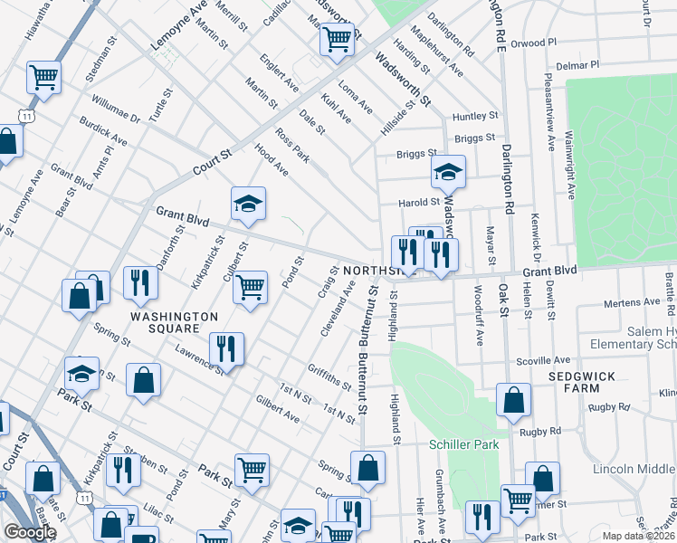 map of restaurants, bars, coffee shops, grocery stores, and more near 522 Craig Street in Syracuse