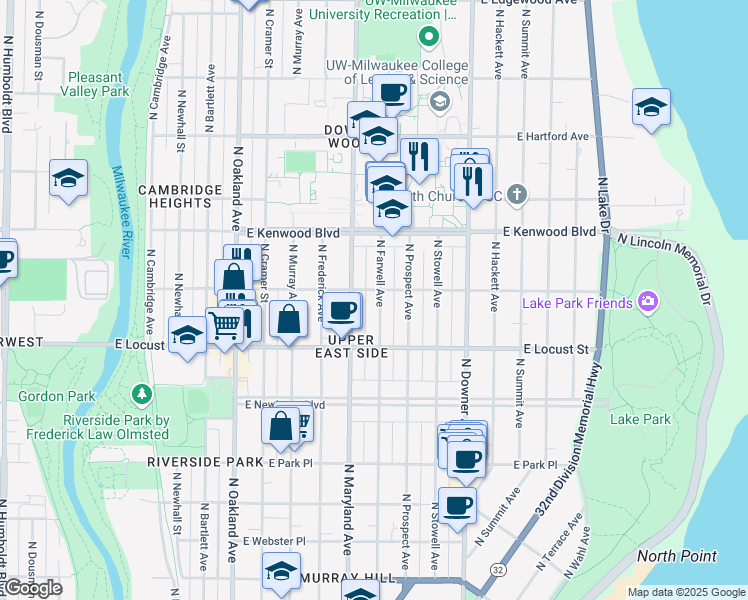 map of restaurants, bars, coffee shops, grocery stores, and more near 2963 North Farwell Avenue in Milwaukee