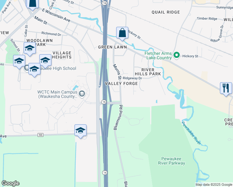 map of restaurants, bars, coffee shops, grocery stores, and more near 349 Morris Street in Pewaukee