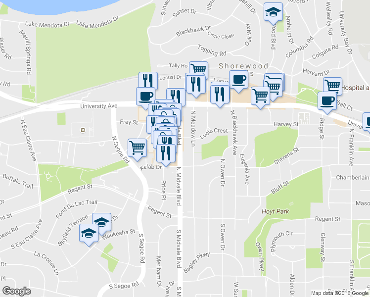 map of restaurants, bars, coffee shops, grocery stores, and more near 601 North Midvale Boulevard in Madison