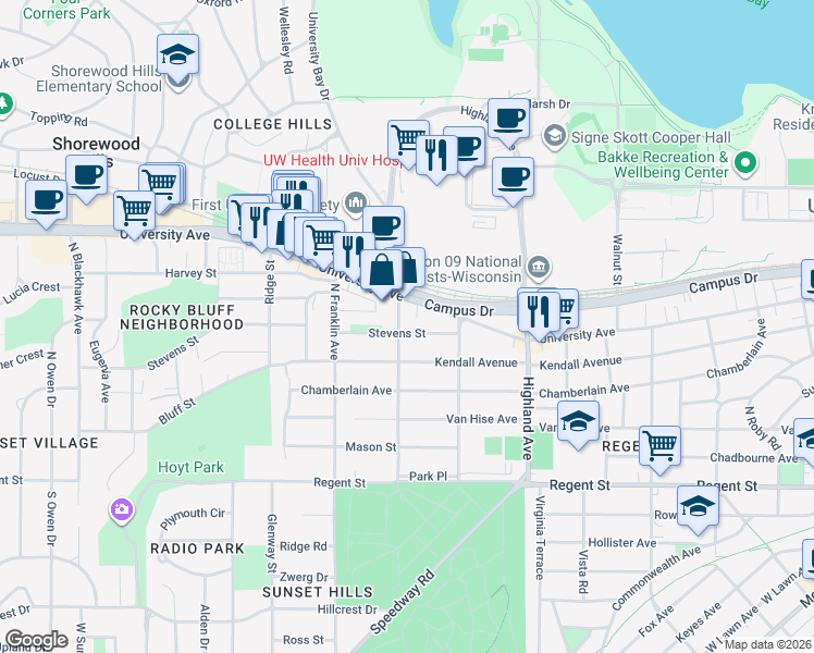 map of restaurants, bars, coffee shops, grocery stores, and more near 2628 Stevens Street in Madison