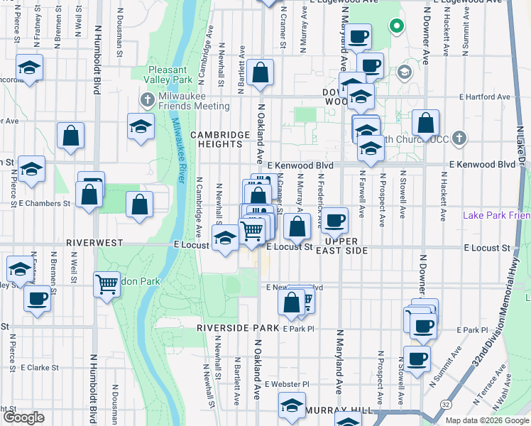 map of restaurants, bars, coffee shops, grocery stores, and more near 2967 North Oakland Avenue in Milwaukee