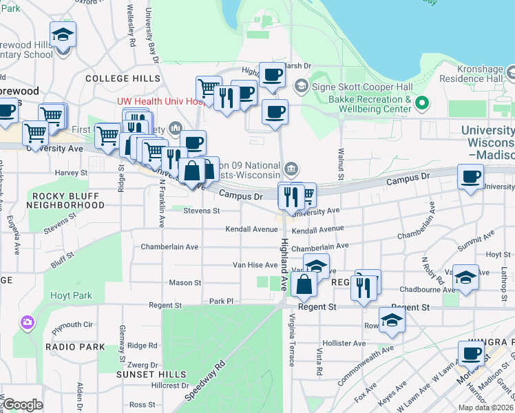 map of restaurants, bars, coffee shops, grocery stores, and more near 2571 University Avenue in Madison