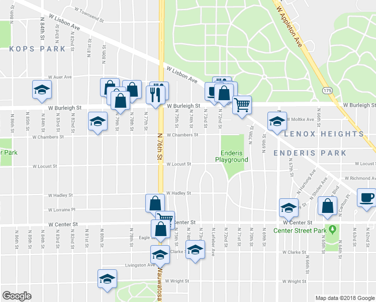 map of restaurants, bars, coffee shops, grocery stores, and more near 2935 North 74th Street in Milwaukee