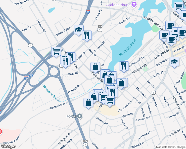 map of restaurants, bars, coffee shops, grocery stores, and more near 238 Bartlett Street in Portsmouth