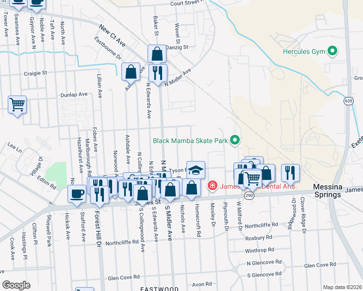 map of restaurants, bars, coffee shops, grocery stores, and more near 254 Rigi Avenue in Syracuse
