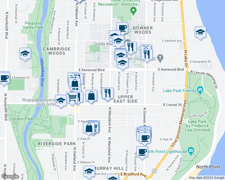 map of restaurants, bars, coffee shops, grocery stores, and more near 2963 North Farwell Avenue in Milwaukee