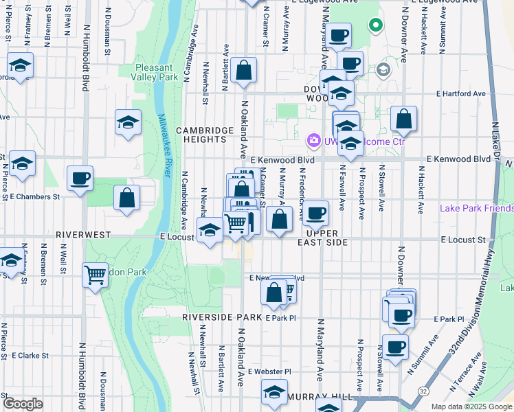 map of restaurants, bars, coffee shops, grocery stores, and more near 2966 North Cramer Street in Milwaukee