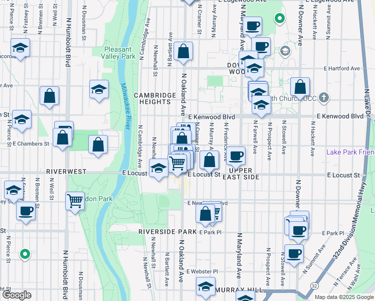 map of restaurants, bars, coffee shops, grocery stores, and more near 2967 North Oakland Avenue in Milwaukee
