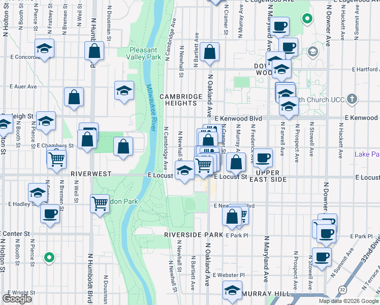 map of restaurants, bars, coffee shops, grocery stores, and more near 2973 North Bartlett Avenue in Milwaukee