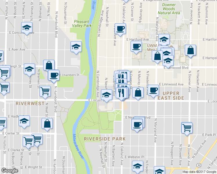 map of restaurants, bars, coffee shops, grocery stores, and more near 2973 North Bartlett Avenue in Milwaukee