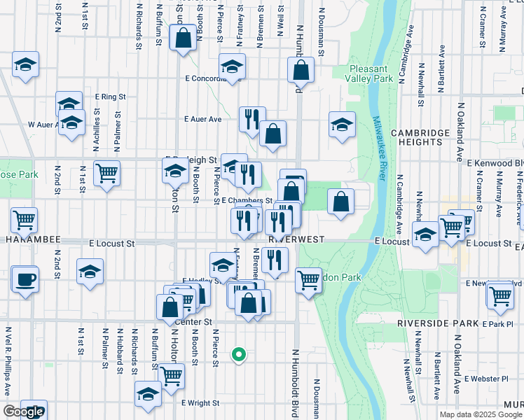 map of restaurants, bars, coffee shops, grocery stores, and more near 2962 North Bremen Street in Milwaukee