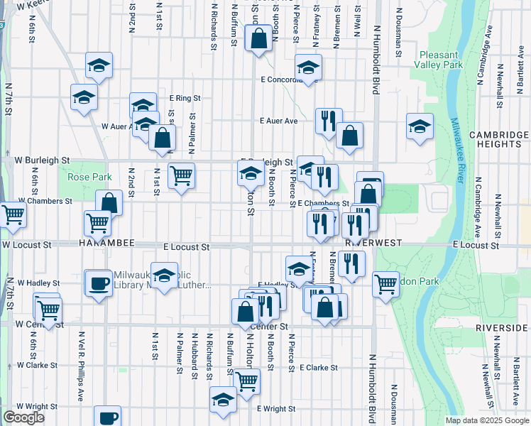 map of restaurants, bars, coffee shops, grocery stores, and more near 2965 North Booth Street in Milwaukee