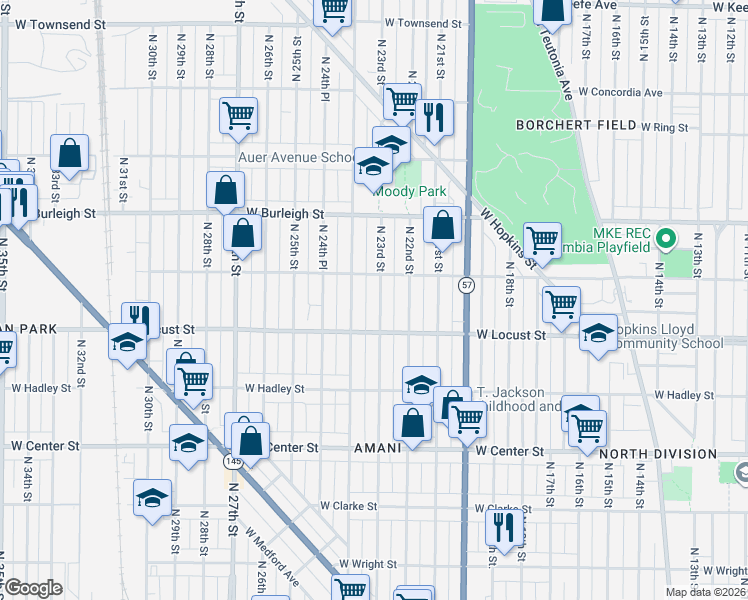 map of restaurants, bars, coffee shops, grocery stores, and more near 2944 North 24th Street in Milwaukee
