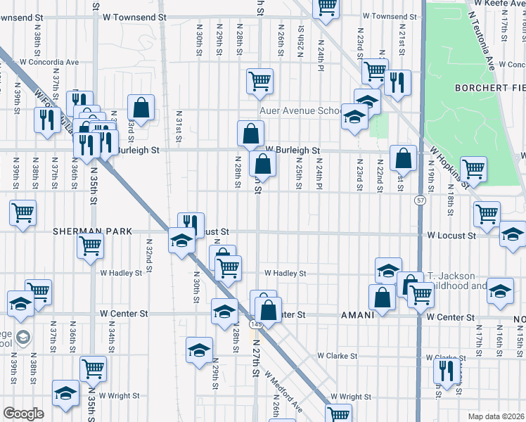 map of restaurants, bars, coffee shops, grocery stores, and more near 2943 North 26th Street in Milwaukee