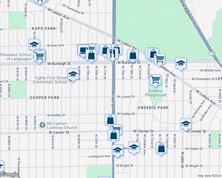 map of restaurants, bars, coffee shops, grocery stores, and more near 2937 North 76th Street in Milwaukee