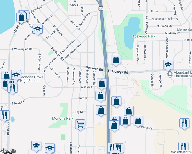 map of restaurants, bars, coffee shops, grocery stores, and more near 4711 Camden Road in Madison