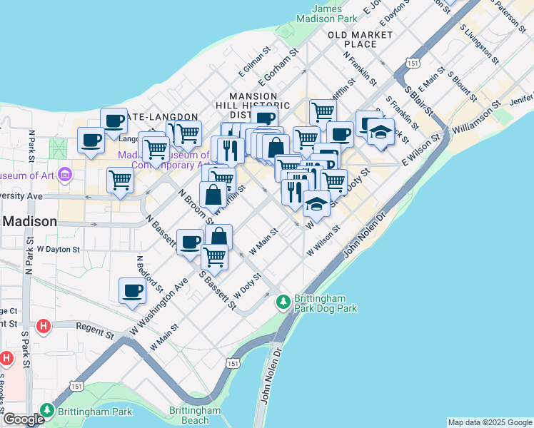 map of restaurants, bars, coffee shops, grocery stores, and more near 31 South Henry Street in Madison