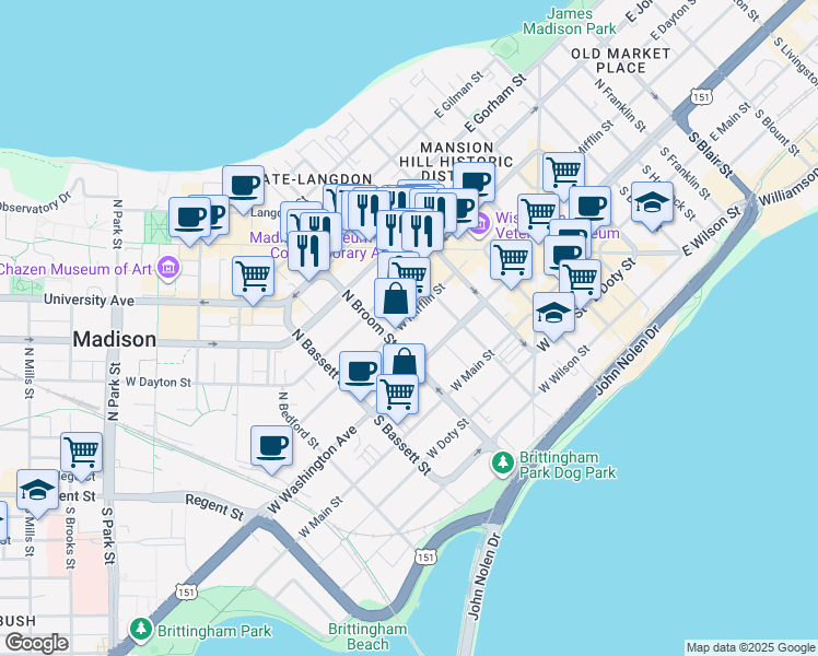 map of restaurants, bars, coffee shops, grocery stores, and more near 335 West Mifflin Street in Madison