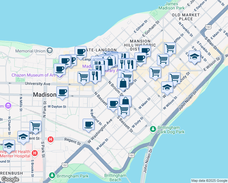 map of restaurants, bars, coffee shops, grocery stores, and more near 403 West Dayton Street in Madison