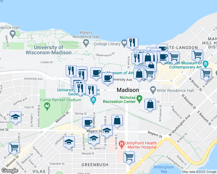 map of restaurants, bars, coffee shops, grocery stores, and more near 306 North Brooks Street in Madison