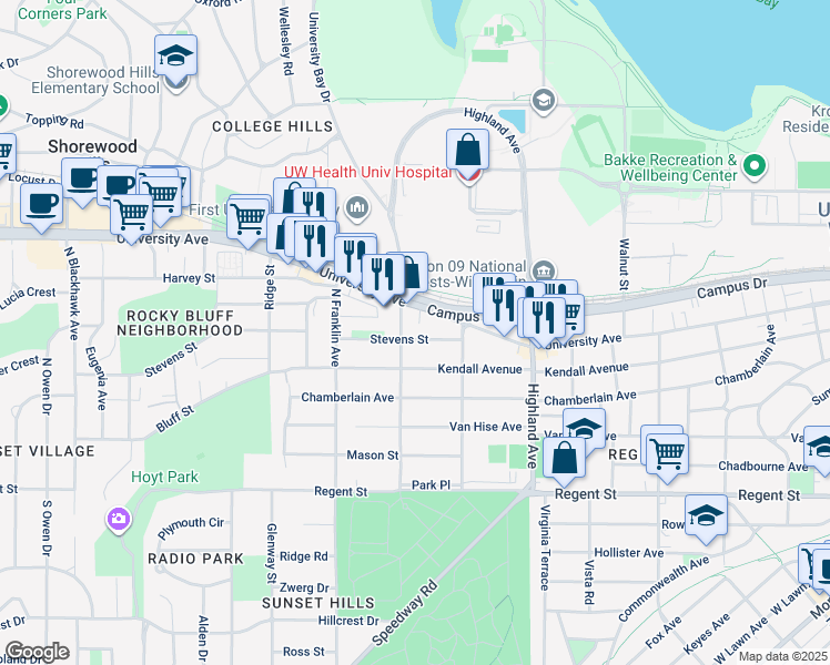 map of restaurants, bars, coffee shops, grocery stores, and more near 2628 Stevens Street in Madison