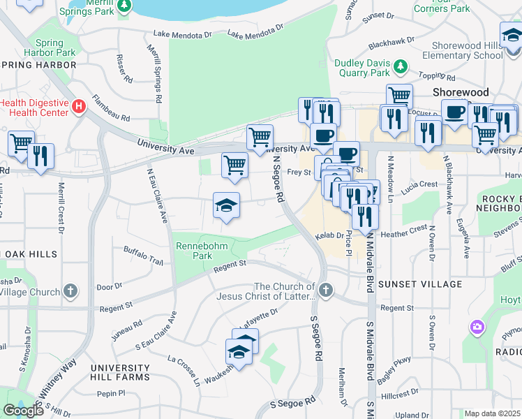 map of restaurants, bars, coffee shops, grocery stores, and more near 4715 Sheboygan Avenue in Madison