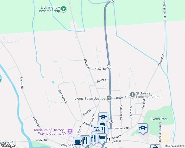 map of restaurants, bars, coffee shops, grocery stores, and more near 46 Maple Street in Lyons