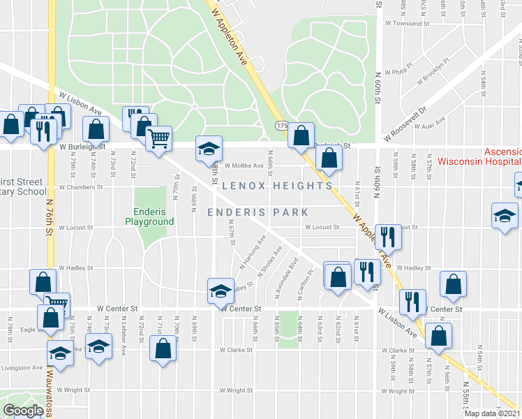 map of restaurants, bars, coffee shops, grocery stores, and more near 6609 West Girard Avenue in Milwaukee