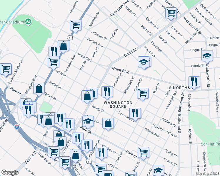 map of restaurants, bars, coffee shops, grocery stores, and more near 919 Danforth St in Syracuse