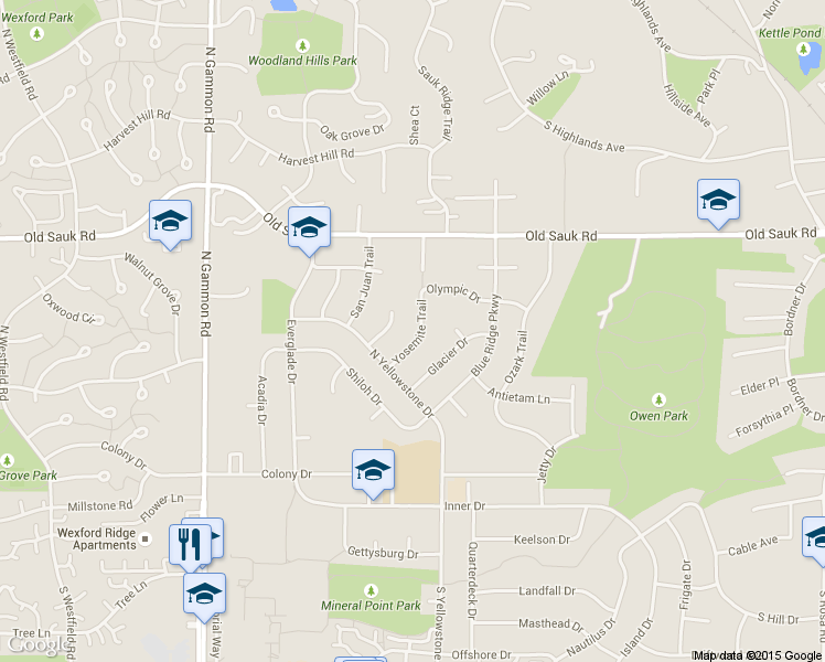 map of restaurants, bars, coffee shops, grocery stores, and more near 402 Yosemite Trail in Madison
