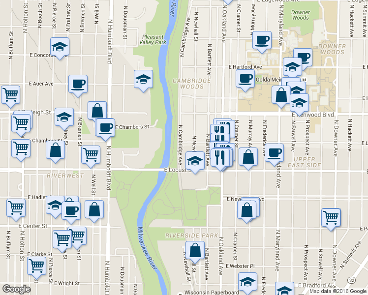 map of restaurants, bars, coffee shops, grocery stores, and more near 2966 North Cambridge Avenue in Milwaukee