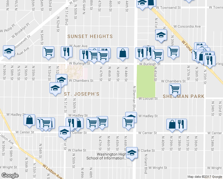 map of restaurants, bars, coffee shops, grocery stores, and more near 2940 North 46th Street in Milwaukee