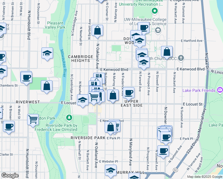 map of restaurants, bars, coffee shops, grocery stores, and more near 2966 North Cramer Street in Milwaukee